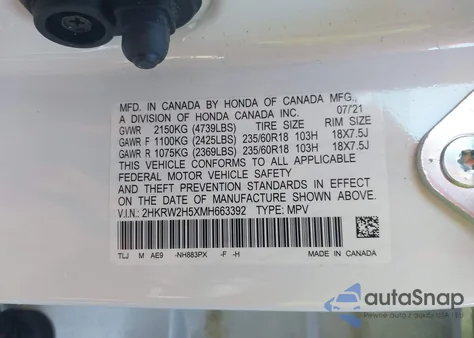 2021 Honda Cr-V Awd Ex из США, поврежденный, VIN 2HKRW2H5XMH663392